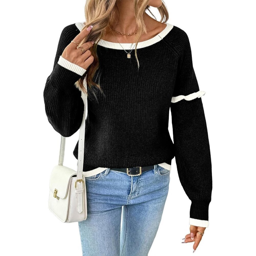 Womens Knit Sweater Crewneck Ruffle Long Sleeve Off Shoulder Trendy Fall Winter